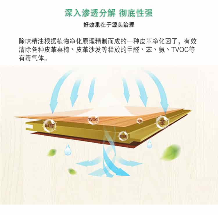 深入滲透分解 徹底性強(qiáng)，好效果在于源頭治理，除味精油根據(jù)植物凈化原理精制而成的一種皮革凈化因子，有效清除各種皮革桌椅丶皮革沙發(fā)等釋放的甲醛丶苯丶氨丶TVOC等 有毒氣體。